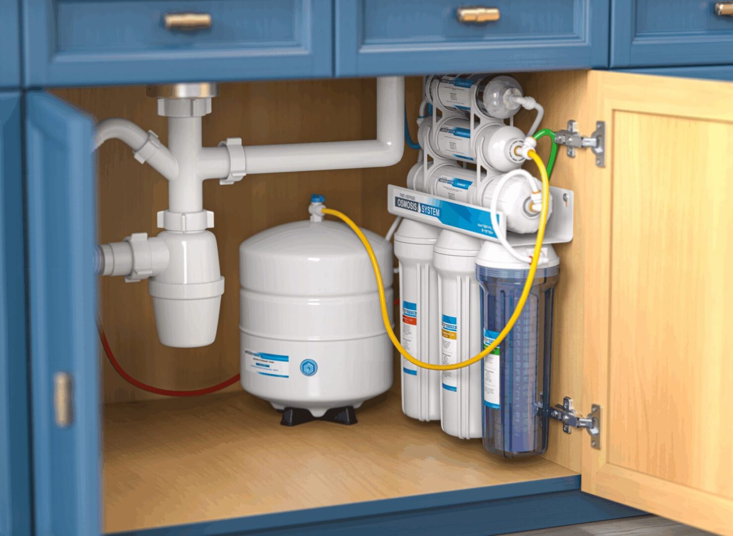 Under-sink water filtration system with pipes.