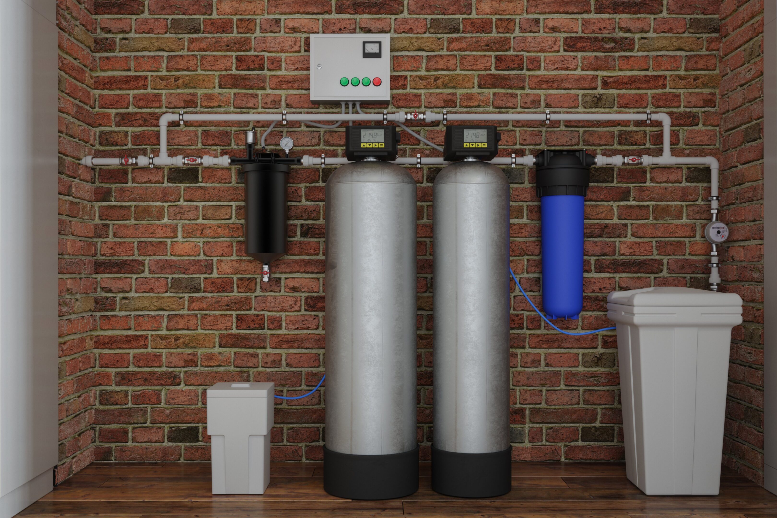 Water filtration system against brick wall.